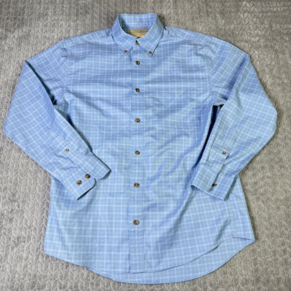Cabelas Outfitters Series Mens Medium Blue Plaid Long Sleeve Button Down Shirt